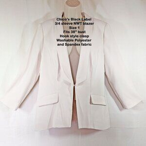 Chico's Black Label 3/4 sleeve NWT blazer Sz 1, 38" bust, Hook clasp, Pockets